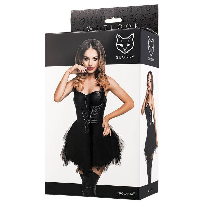 Glossy Elisia Noir Wetlook Dress packaging showcasing the sexy strapless design and tulle skirt for bold looks.