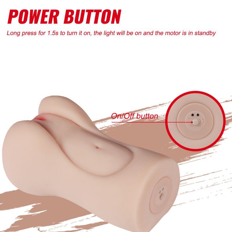 Aggie Realistic Vibrating Vaginal Masturbator showing the power button and detail of the lifelike texture.