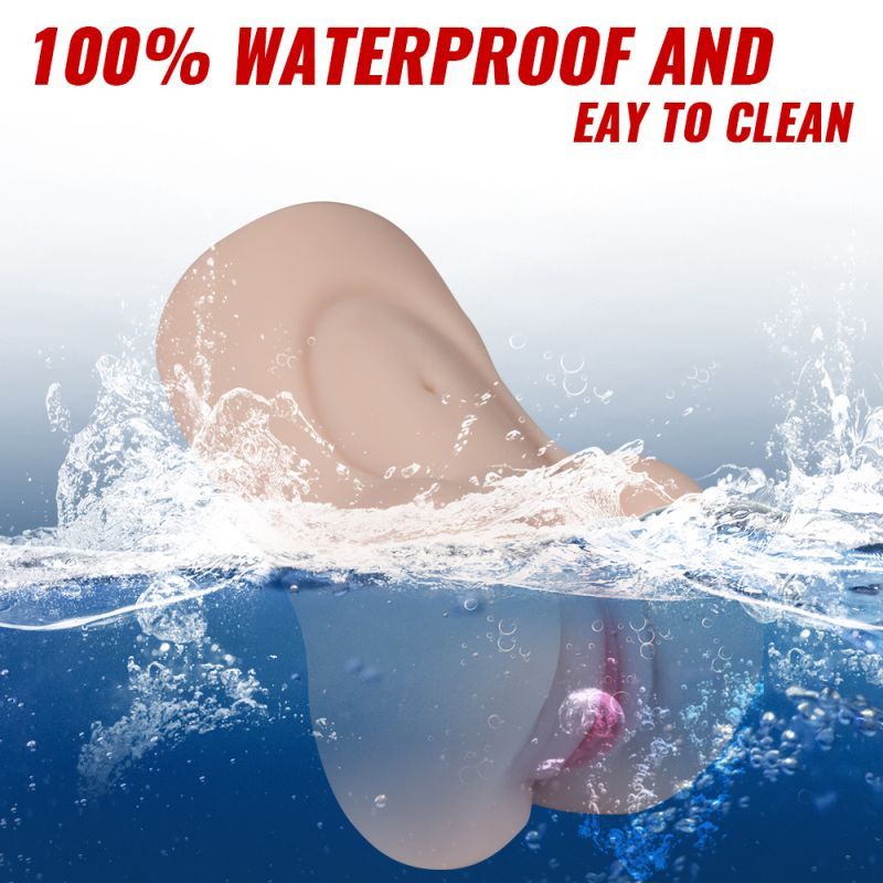 Aggie Realistic Vibrating Vaginal Masturbator shown submerged in water, highlighting its 100% waterproof feature.