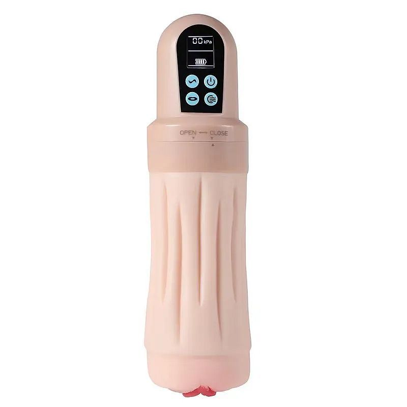 Suctroker dual density vibrating masturbator with textured inner tunnel and ergonomic design.