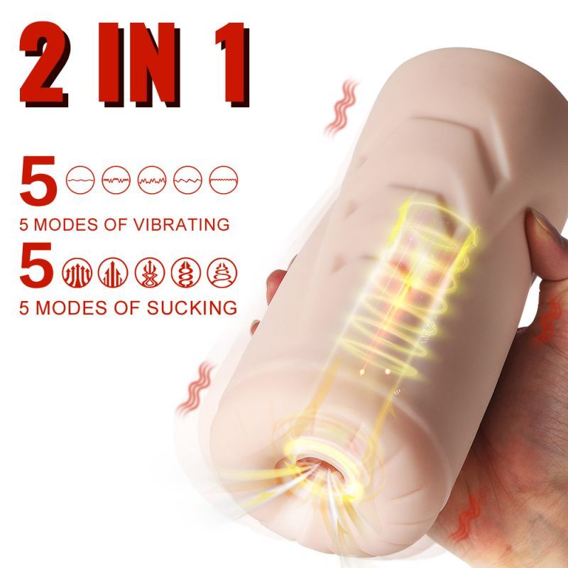 Detailed image of the Suctroker Dual Density Vibrating Sucking Vaginal Masturbator featuring modes of vibrating and sucking.