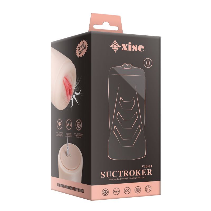 Suctroker Dual Density Vibrating Sucking Vaginal Masturbator V1 packaging showcasing the realistic design and features.