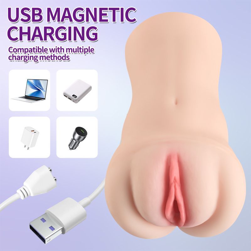 USB magnetic charging feature for realistic vibrating masturbator, compatible with multiple charging methods.
