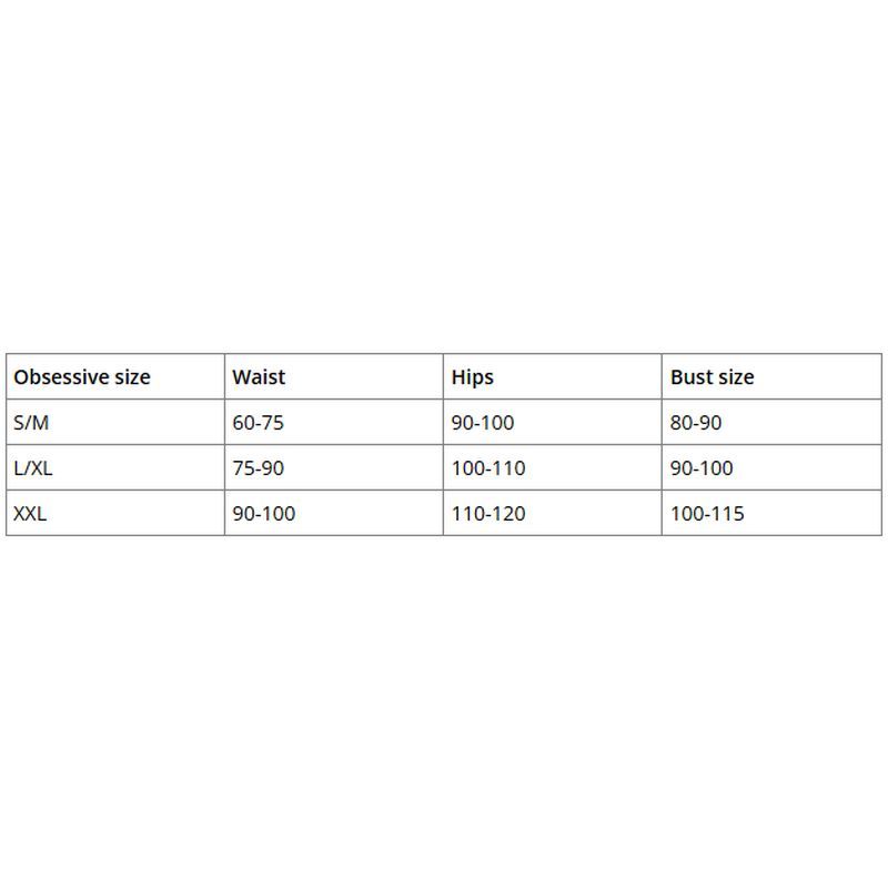 Size chart for Obsessive clothing, detailing waist, hips, and bust measurements.