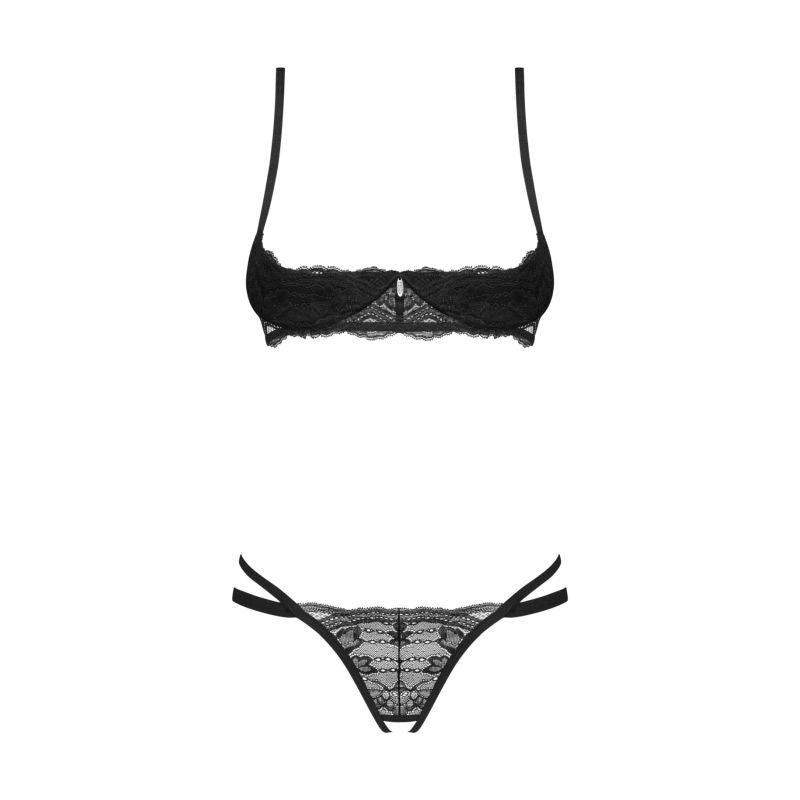 Nutris 2 Pc Crotchless Bra Panty Set featuring black lace underwired bra and crotchless thong.