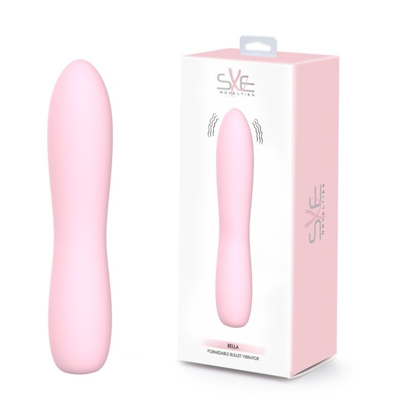 Bella Silicone 140mm Bullet Massager Pink next to its packaging, perfect for intimate essentials for her.