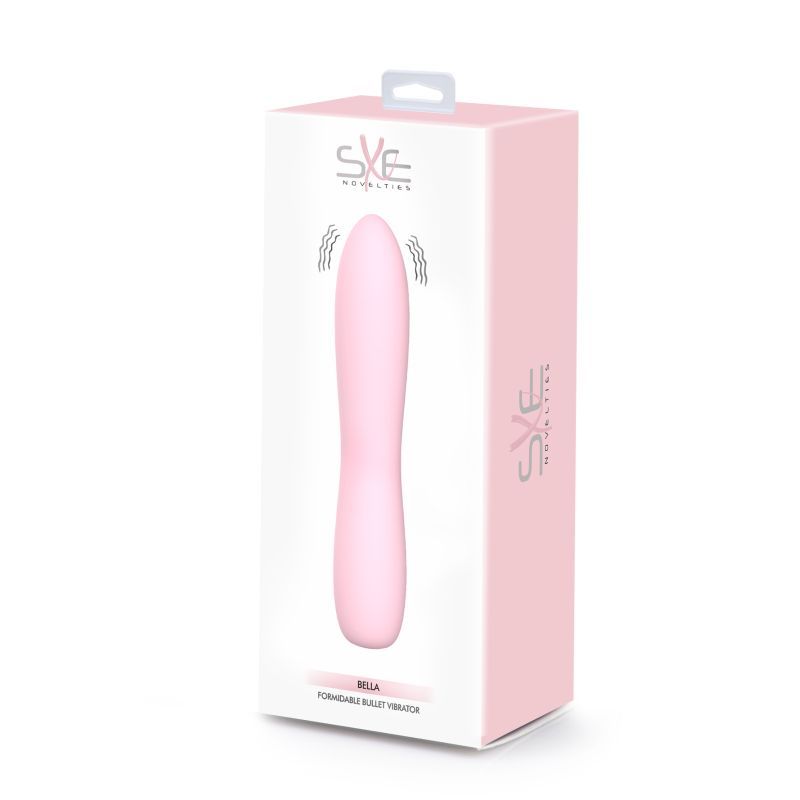 Bella Silicone 140mm Bullet Massager Pink packaged in a sleek box, showcasing its elegant design.