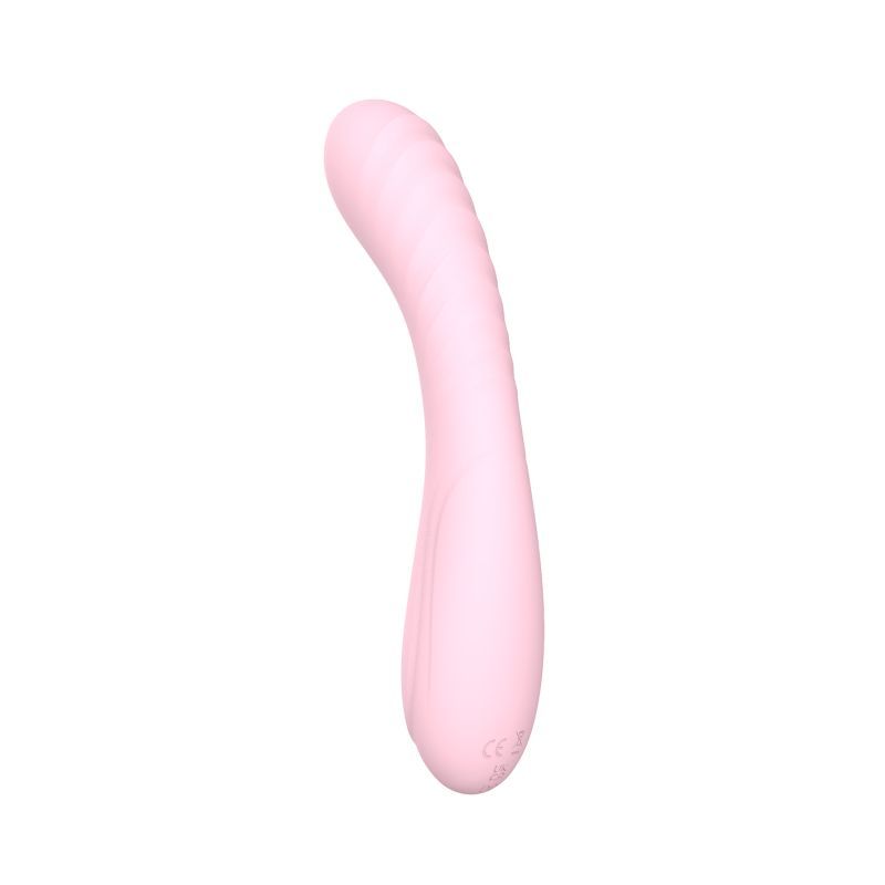 Maya silicone vibrator in soft pink with ergonomic curves for pleasurable stimulation.