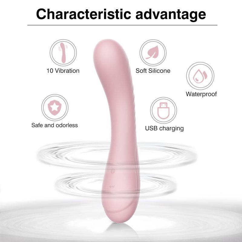 Maya silicone vibrator showing features like 10 vibrations, soft silicone, waterproof, and USB charging.