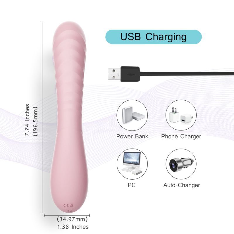 Maya Curve Silicone Vibrator Pink with USB charging options, showcasing its smooth design and dimensions.
