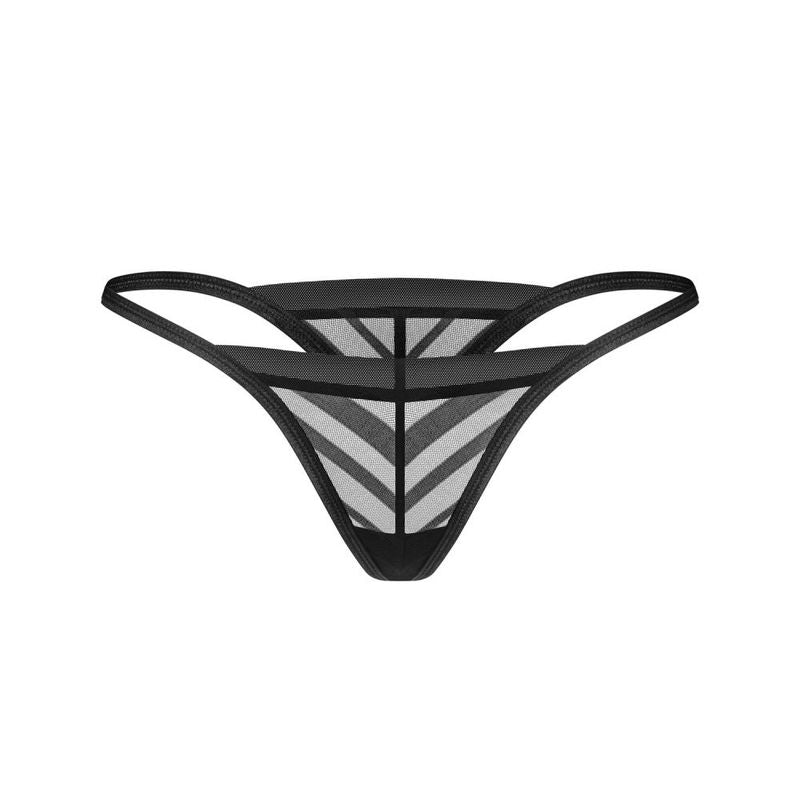 Lune Bellis black thong featuring a V-shaped design with transparent mesh and diagonal stripes.