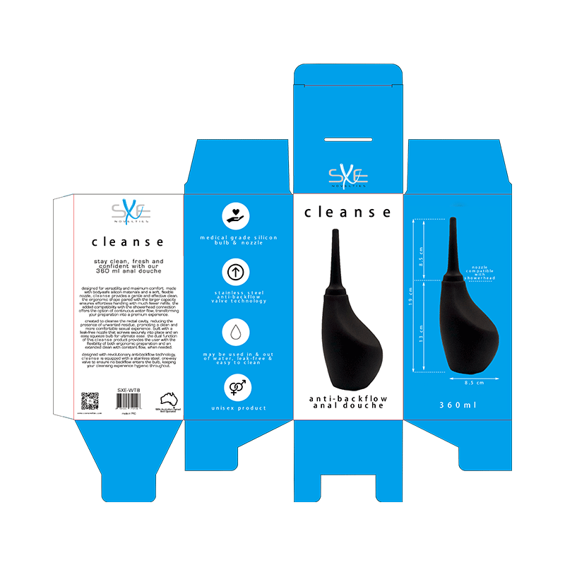 Silicone Ergonomic Anti-Backflow Douche 360ml packaging showing features and design.