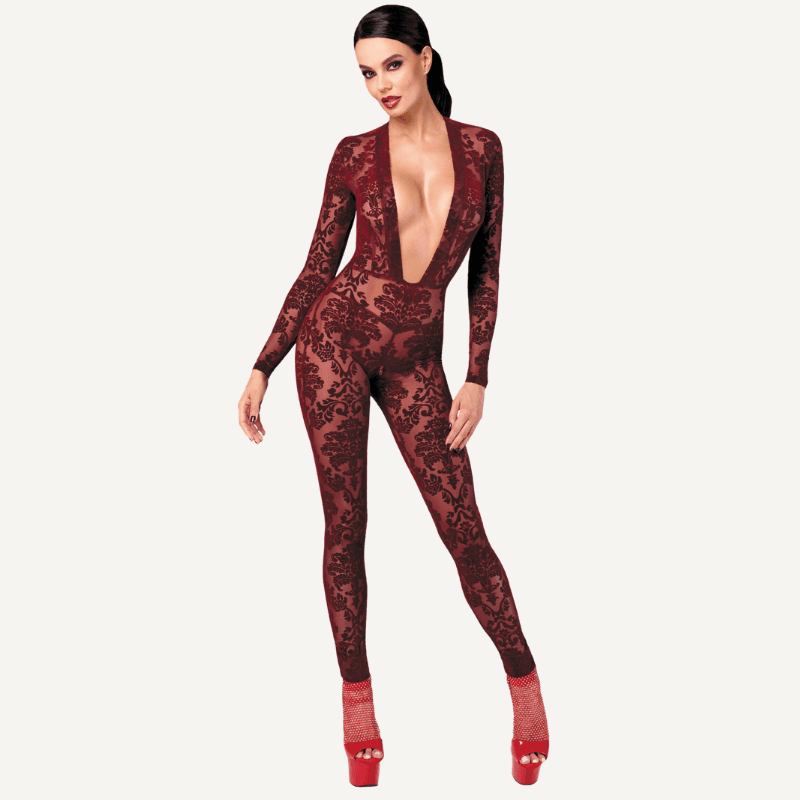 Kink Royal V Neck Catsuit Red Noir Discreet Intimate Essentials.