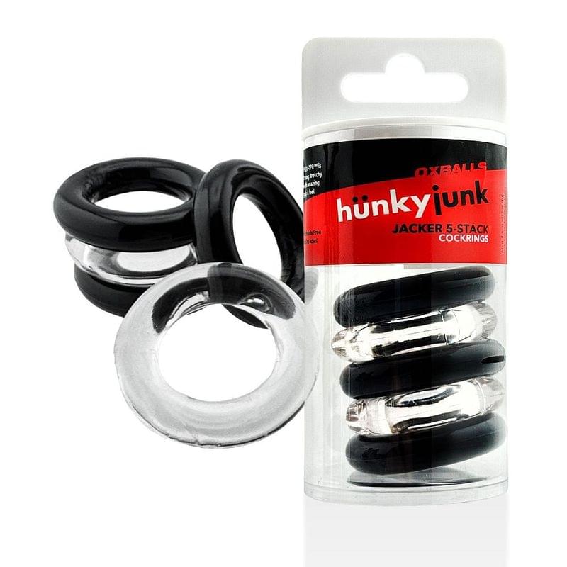 Jacker Stack 5 Pc Strong Cock Ring Clear Black by Hunkyjunk from Discreet Intimate Essentials for  Adult Toys, quality products at discount affordable prices.