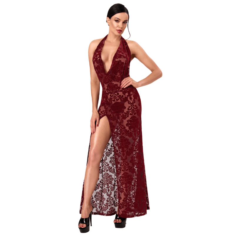 Masquerade Lace Gown Dress Burgundy