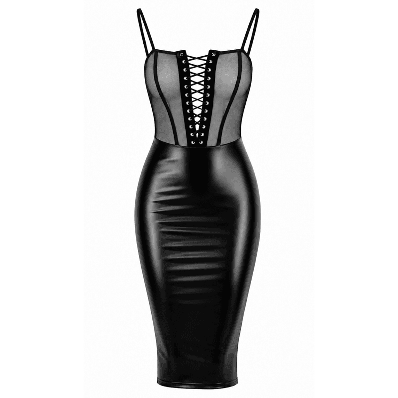 Wet Look Sheer Lace Up Dress Black