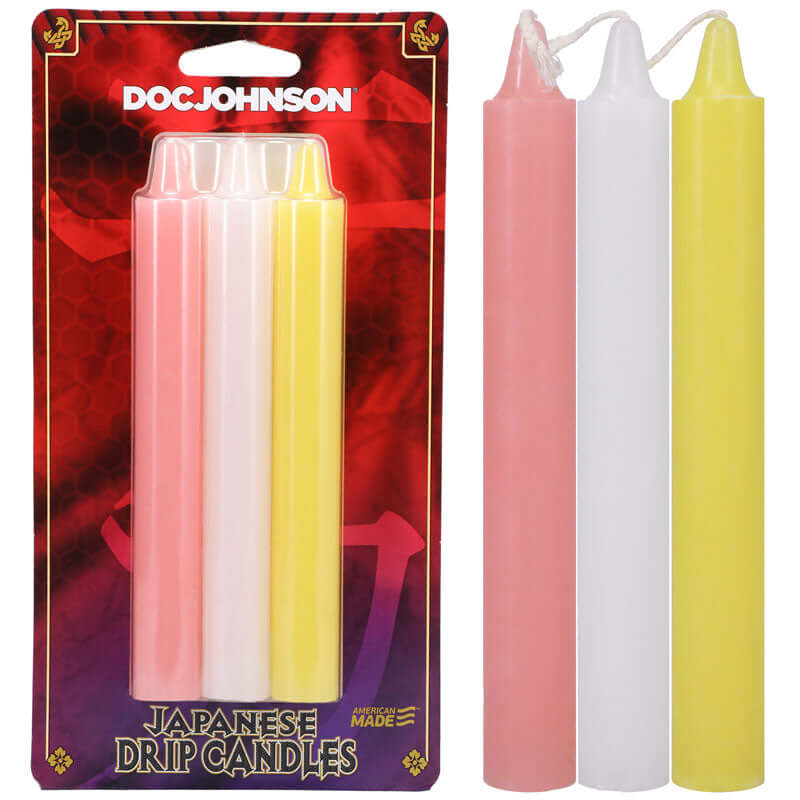 Japanese drip candles for wax play - pink, white, and yellow candles in packaging.