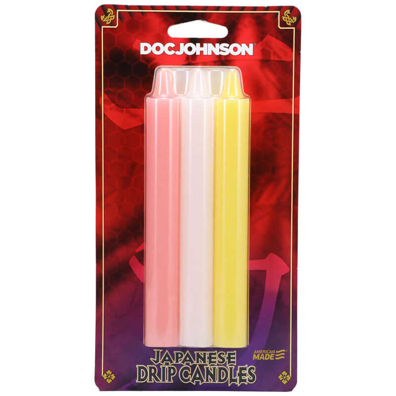 Japanese drip candles for wax play - pack of three colorful candles in pink, white, and yellow.