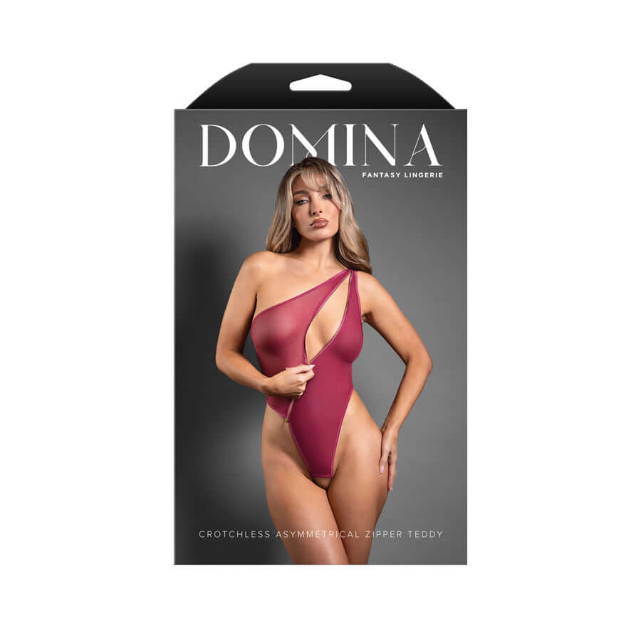 DOMINA crotchless zipper teddy - one-shoulder mesh teddy with asymmetrical zipper in berry color.