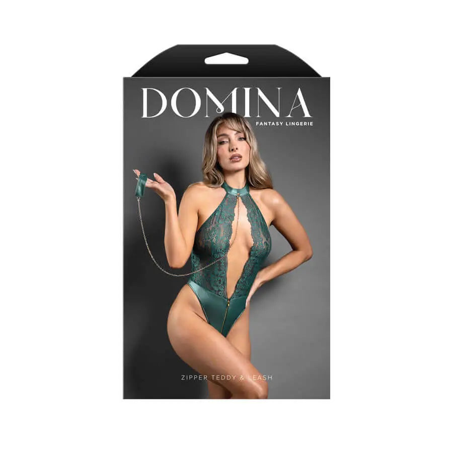 DOMINA Zipper Teddy & Leash - S/M - Pine  - S/M Size Fantasy Lingerie Discreet Intimate Essentials.