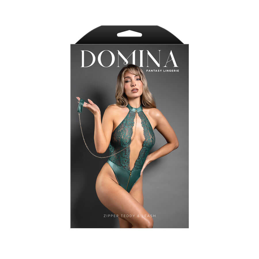 DOMINA Zipper Teddy & Leash in Pine Green with halter design, featuring zipper detail and chain-link leash. Ideal for fantasy lingerie.