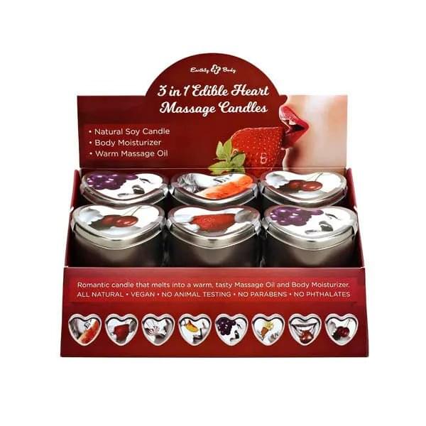 3 in 1 Edible Heart Massage Candles - Flavoured Massage Candles - Counter Display of 12 Earthly Body Discreet Intimate Essentials.