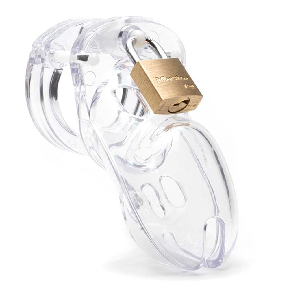 CB-3000 chastity cage kit with clear design and padlock, perfect for secure submission.