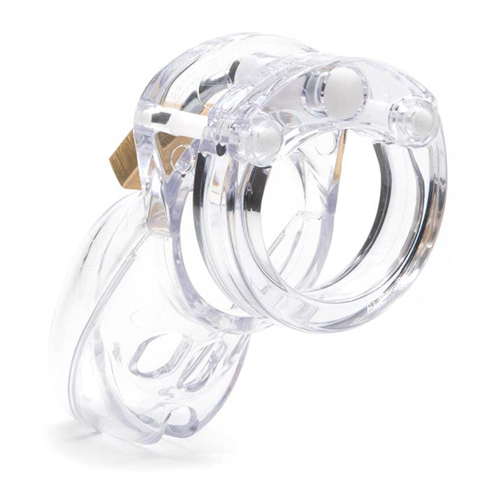 CB-3000 chastity cage kit shown in clear material, highlighting its comfort and security features.