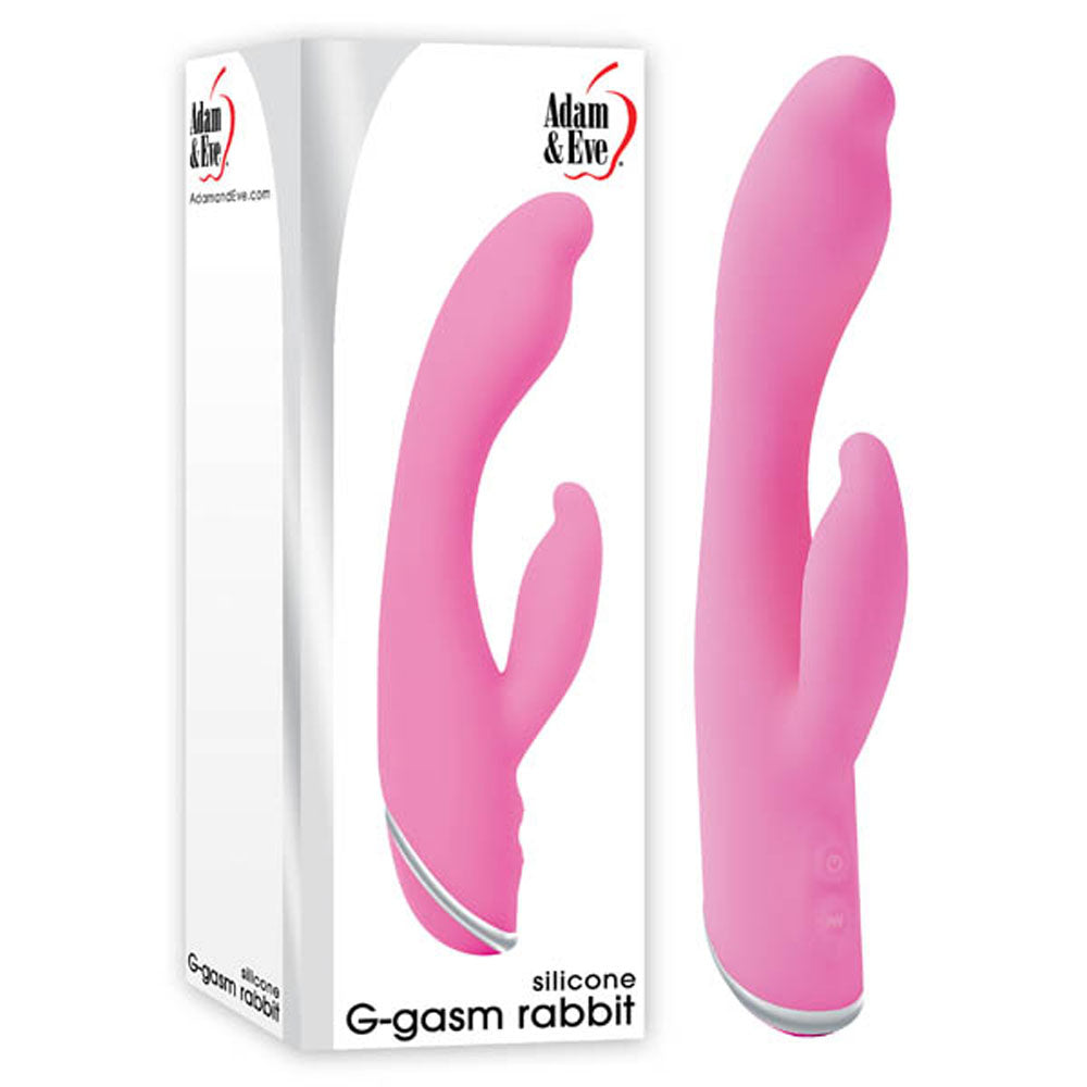 Adam & Eve G-Gasm Rabbit Vibrator in pink silicone, designed for dual pleasure and G-spot stimulation.