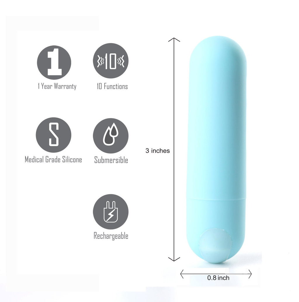 Maia Jessi Teal USB rechargeable mini bullet vibrator with 10 functions, 3 inches long, made of medical grade silicone.