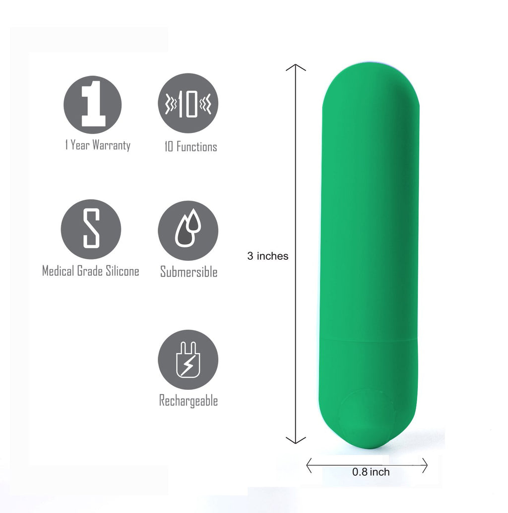 Maia Jessi Emerald 7.6 cm USB rechargeable mini bullet vibrator with 10 functions and silicone coating.