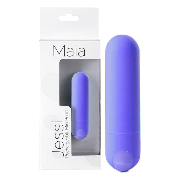 Maia Jessi USB rechargeable bullet vibrator packaging and product shown in purple, mini size for discreet pleasure.
