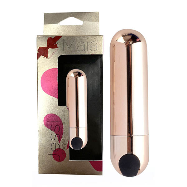 Maia Jessi USB rechargeable mini bullet vibrator in rose gold packaging, showcasing its compact and stylish design.