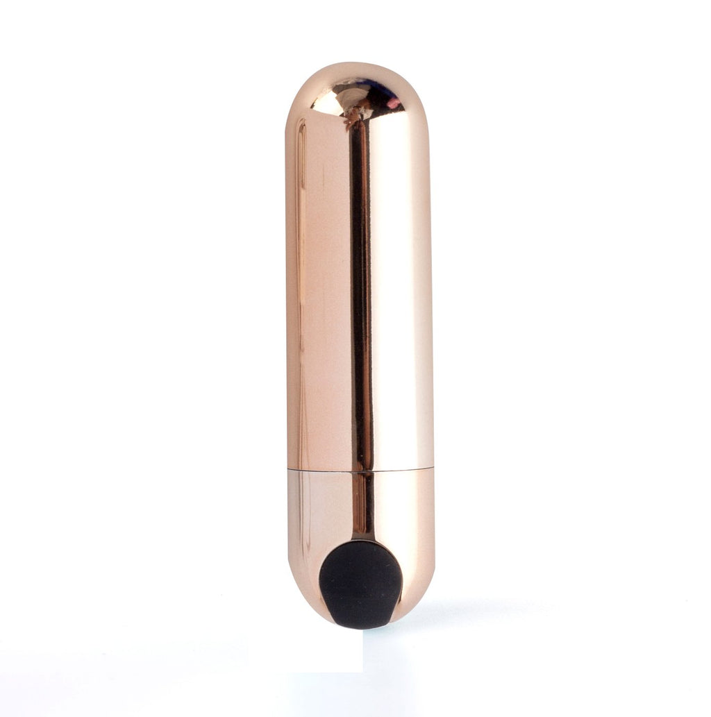 USB rechargeable mini bullet vibrator in rose gold, compact and stylish, perfect for on-the-go pleasure.