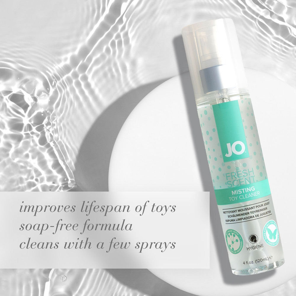 JO Misting Toy Cleaner - 120 mL spray bottle for gentle toy cleaner spray, soap-free formula, and fresh scent.