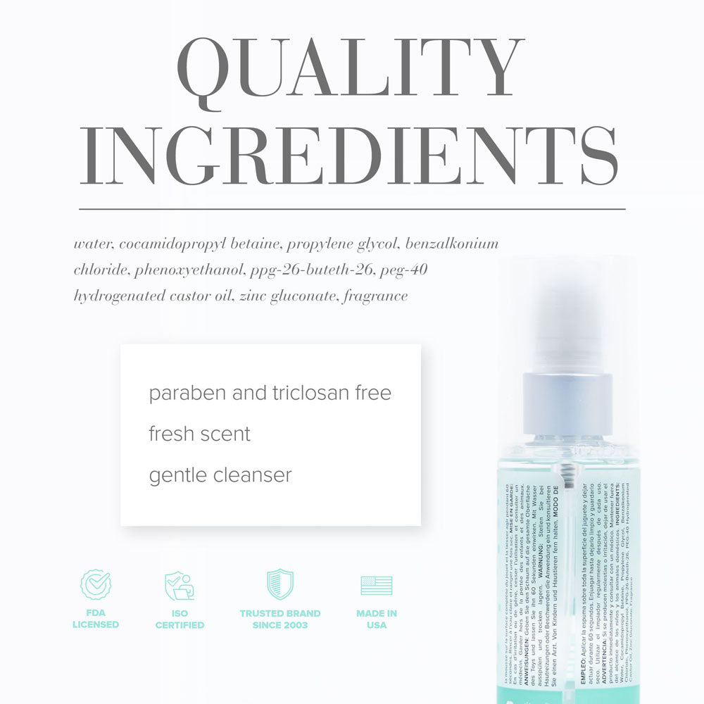 Quality ingredients for JO Misting Toy Cleaner, including paraben and triclosan free gentle toy cleaner spray.