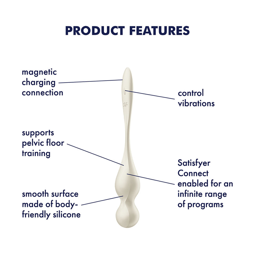 Image showing Satisfyer Love Birds 1 features: magnetic charging, pelvic floor training support, control vibrations, silicone surface.