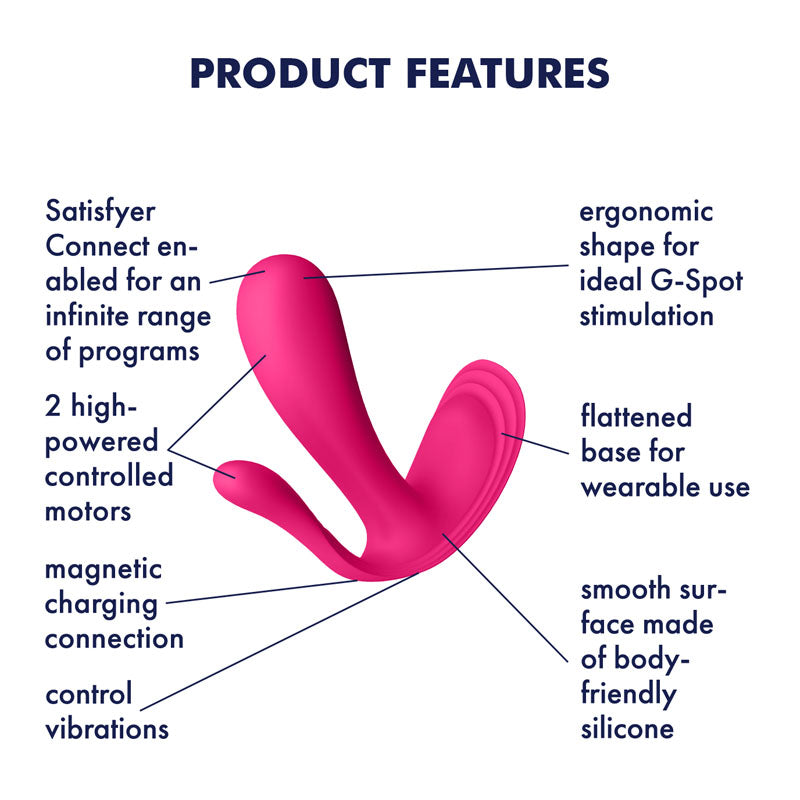 Satisfyer Top Secret+ features: ergonomic shape for G-Spot stimulation, wearable vibrator with app control, smooth silicone.