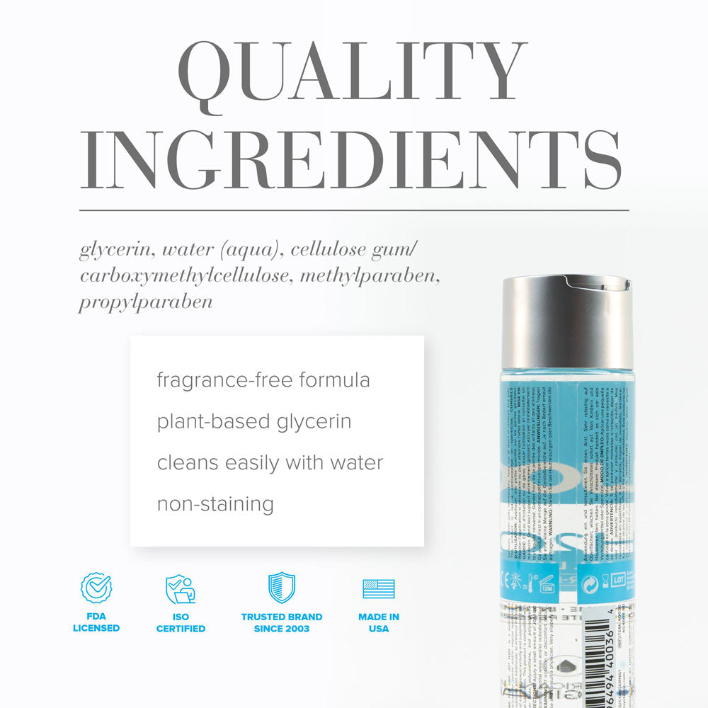 JO H2O Original Lube - 240 mL - Water Based Lubricant - 240 ml Bottle quality ingredients list with FDA and ISO certifications