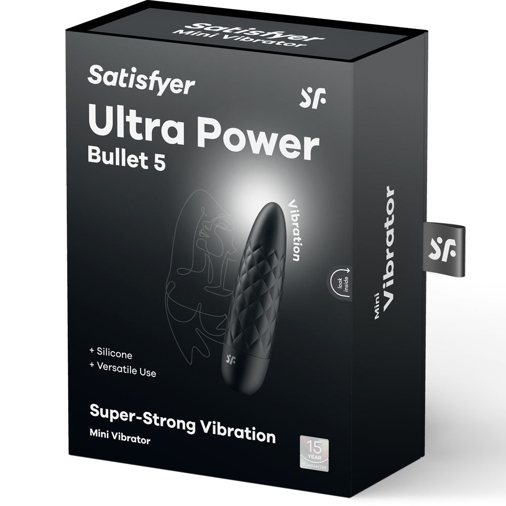 Satisfyer Ultra Power Bullet 5 packaging showcasing USB rechargeable bullet vibe with tufted texture and powerful motor.