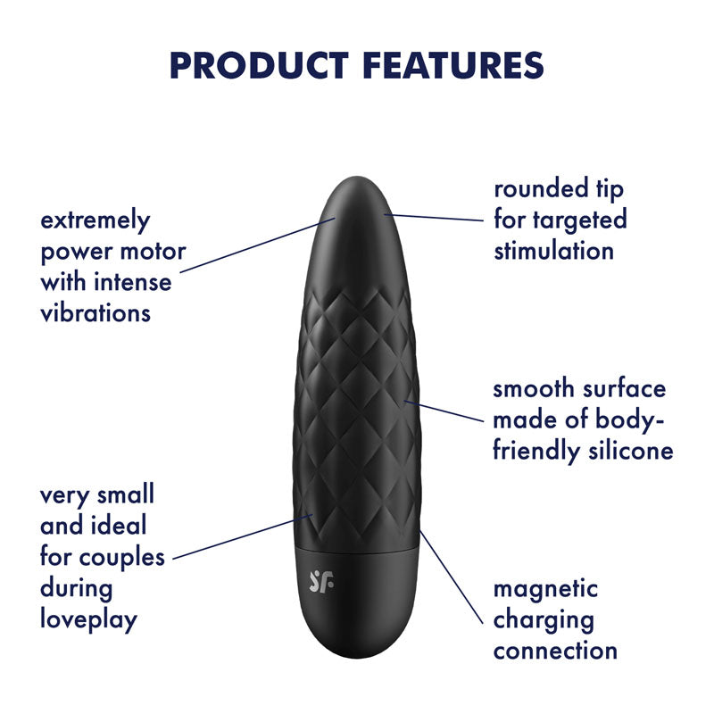 Satisfyer Ultra Power Bullet 5 with product features, USB rechargeable bullet vibe for targeted stimulation.
