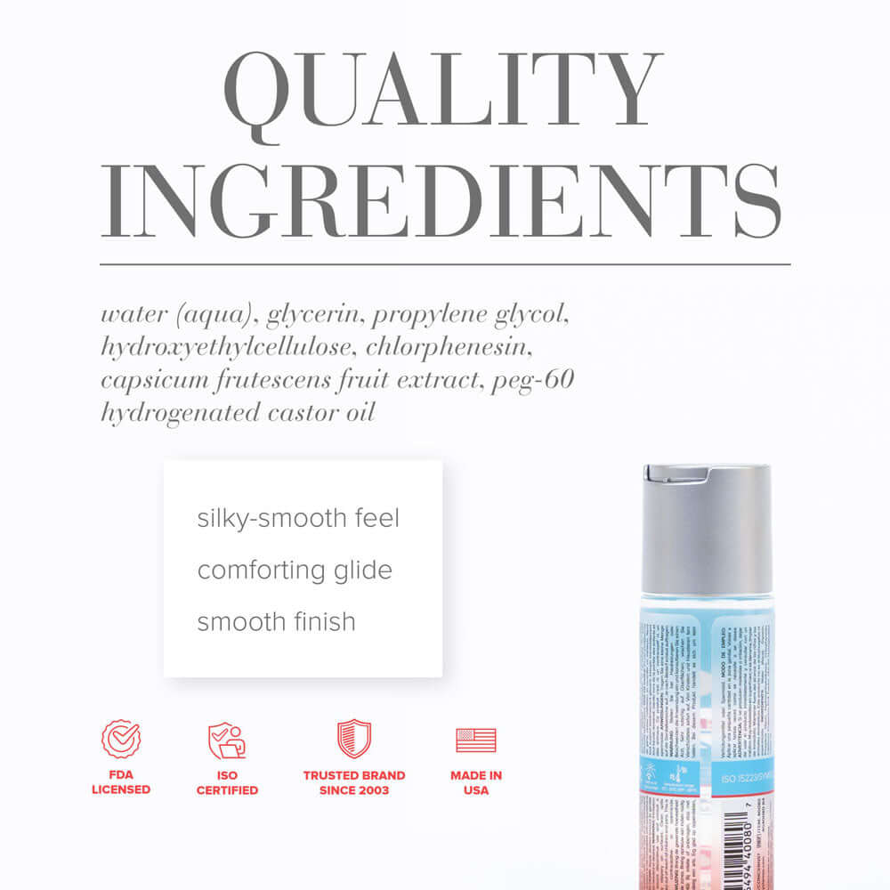 Ingredients list for JO H2O Warming Lube highlighting quality, silky-smooth feel, and comforting glide.