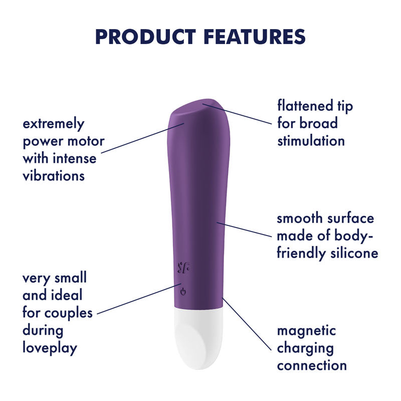 Product features of the Satisfyer Ultra Power Bullet 2 USB rechargeable bullet vibrator, with a smooth surface and powerful motor.