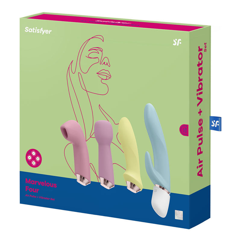 Satisfyer Marvelous Four - 4-in-1 USB Rechargeable Vibes packaging showcasing vibrant attachments and design.