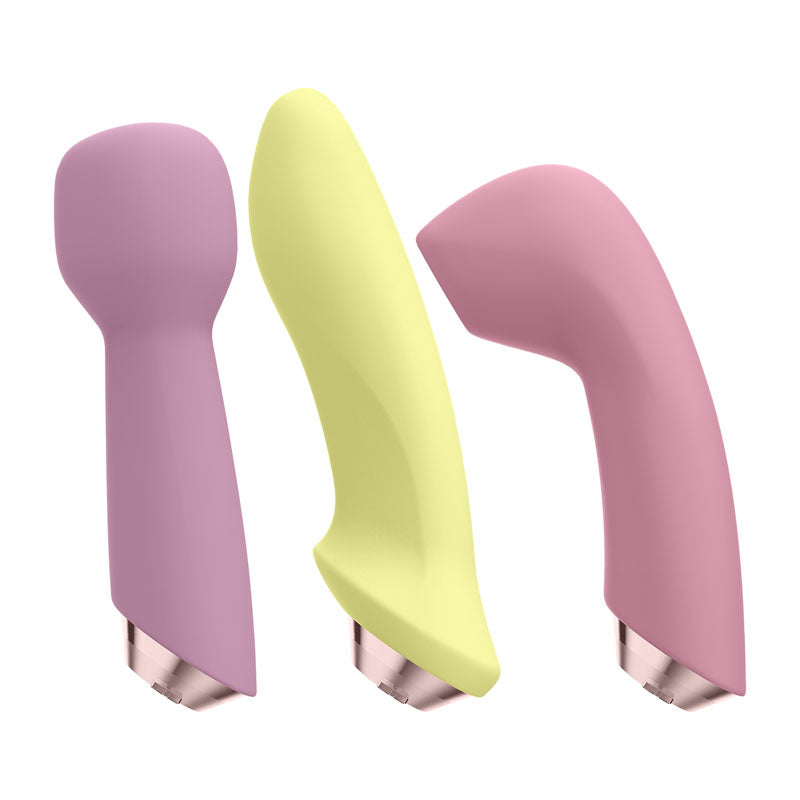 Satisfyer Marvelous Four - 4-in-1 USB Rechargeable Vibes with three colorful interchangeable heads.
