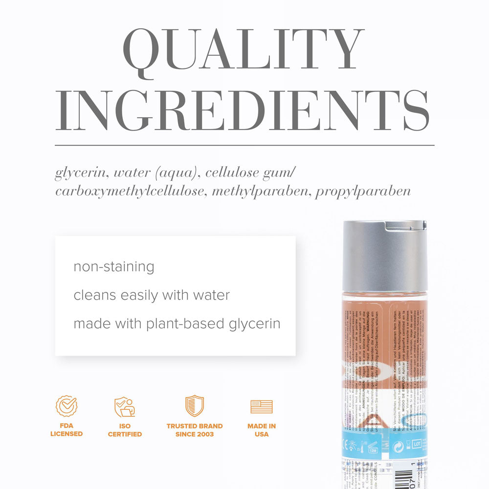 JO H2O Anal Lube - 120 mL - Water Based Anal Lubricant - 120 ml Bottle quality ingredients including glycerin and plant-based components.