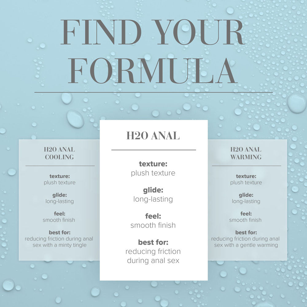 Find Your Formula for JO H2O Anal Lube Cooling and Warming options with details on texture, glide, feel, and benefits.