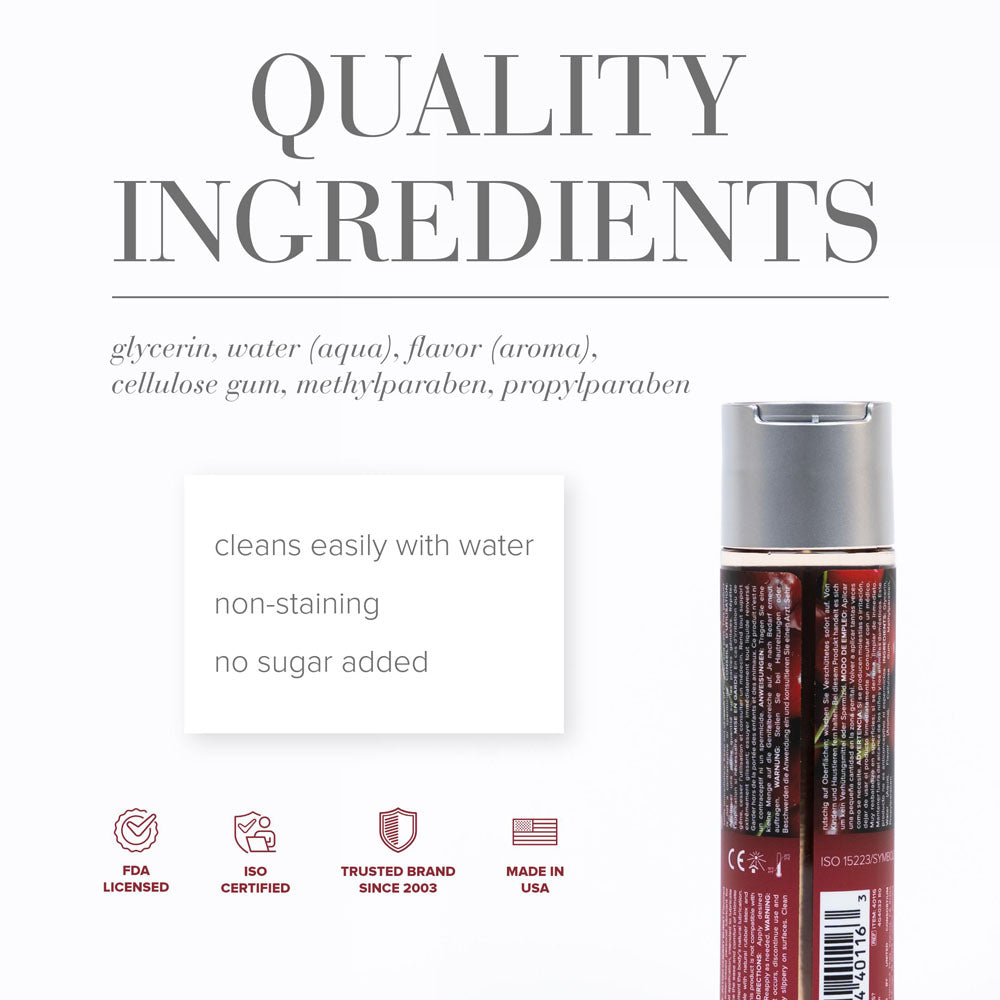 Quality ingredients for JO H2O Cherry Burst Lube - 120 mL - Cherry Flavoured Water Based Lubricant - 120 ml Bottle including glycerin and water.