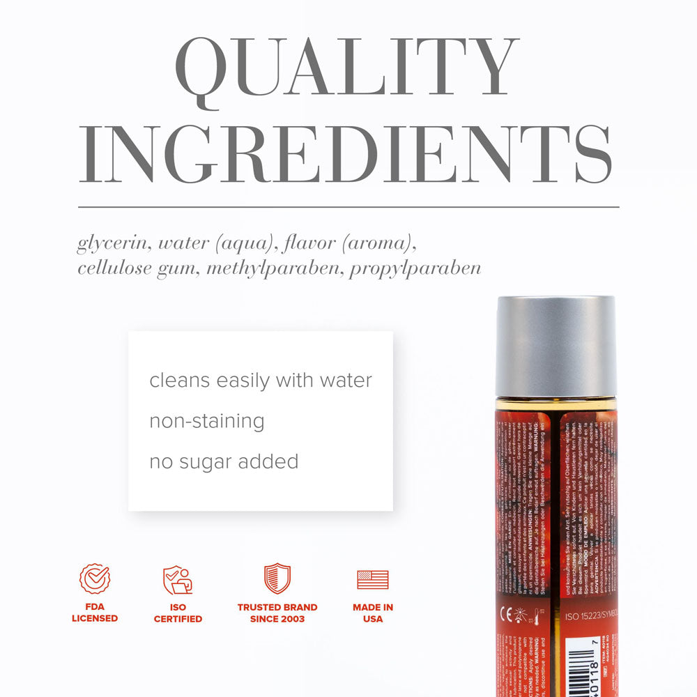JO H2O Strawberry Kisses Lube - 120 mL - Strawberry Flavoured Water Based Lubricant - 120 ml Bottle ingredients including glycerin and flavor.