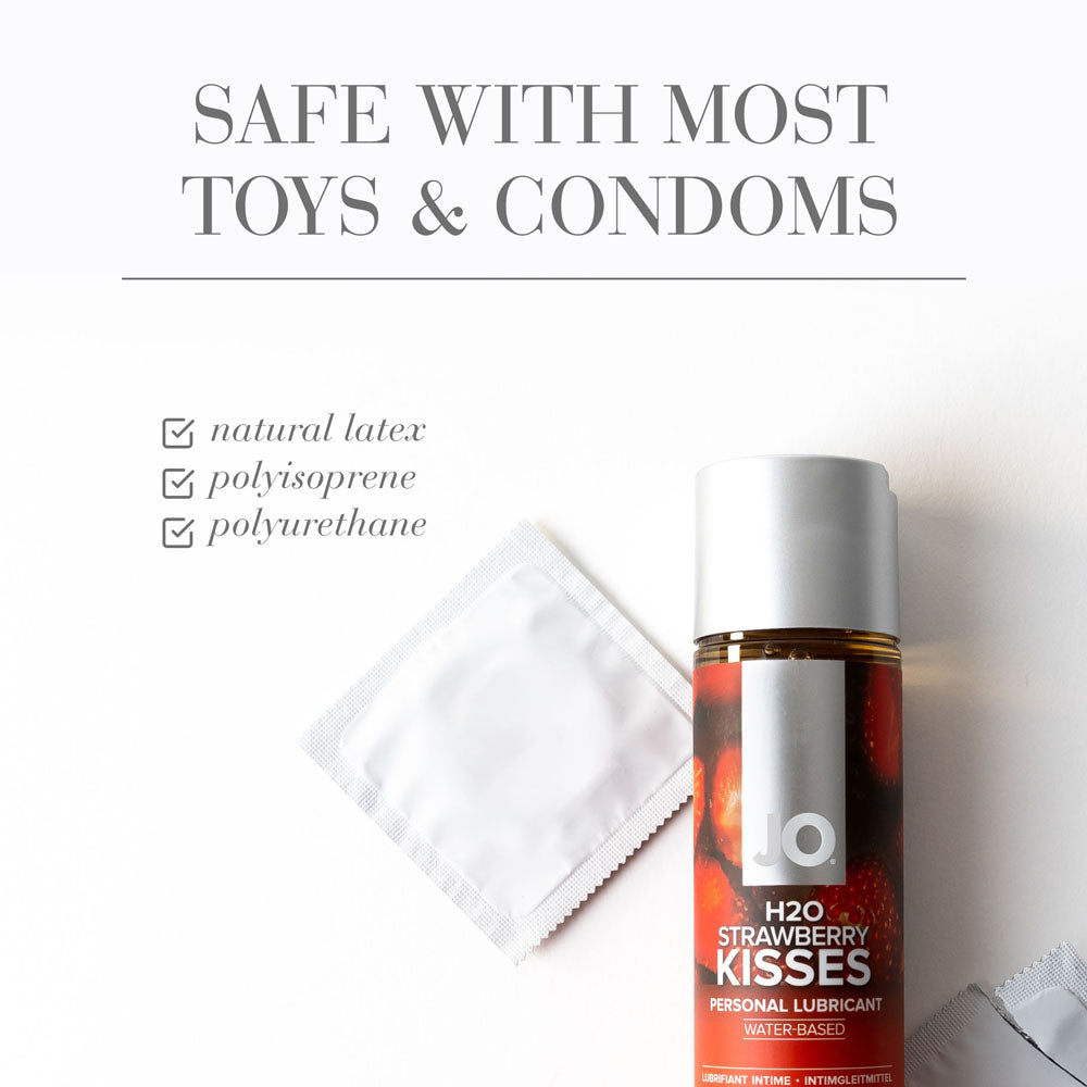 JO H2O Strawberry Kisses Lube - 120 mL - Strawberry Flavoured Water Based Lubricant - 120 ml Bottle with condom.